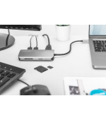 Digitus 8portová dokovací stanice USB-C, 2xUSB3.0, 1xRJ45, 2xHDMI, 1xPD, 1xMicro SD, 1xSD, šedá