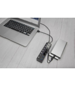 Digitus USB 3.0 rozbočovač, 7 portů, přepínač Hliníkové pouzdro, včetně zdroje 5V/2A