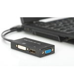 Digitus HDMI Kabelový převodník , HDMI - DP+DVI+VGA M-F/F/F, 0,2 m, Multi-Media 3v1, CE, bl, zlato