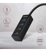 AXAGON HUE-M1A, 4x USB 3.2 Gen 1 MINI hub, kovový, kabel USB-A 20cm