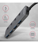 AXAGON HUE-MSA, 4x USB 3.2 Gen 1 SWITCH hub, kovový, micro USB nap. konektor, kabel USB-A 20cm