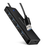 AXAGON HUE-C1A cestovní čtyřportový USB-A 5Gbps hub/USB-C konektor pro externí napájení/kabel 19 cm
