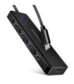 AXAGON HUE-C1C cestovní čtyřportový USB-C 5Gbps hub/USB-C konektor pro externí napájení/kabel 19 cm