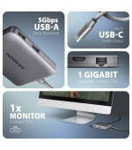 AXAGON HMC-5HL USB 5Gbps hub, 2x USB-A, HDMI 4k/60Hz, RJ-45 GLAN, PD 100W, kabel USB-C 20cm