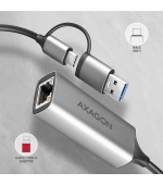 AXAGON ADE-TXCA, USB-C + USB-A 3.2 Gen 1 - Gigabit Ethernet síťová karta, Asix AX88179, auto instal