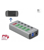 Delock Rozbočovač USB 3.2 Gen 1 se 4 porty + 1 rychlonabíjecím portem + 1 portem USB-C™ PD 3.0 s přepínačem a osvětlením