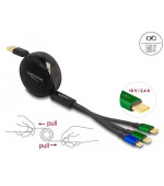 Delock Zatažitelný nabíjecí USB kabel 3 v 1 z Typu-A na Micro USB / 2 x USB Type-C™ s rychlým nabíjením, černý