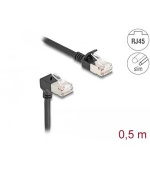 Delock Síťový kabel RJ45 Cat.6A S/FTP, Slim, zalomený dolů o 90° / přímý, 0,5 m, černý