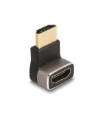 Delock Adaptér HDMI, ze zástrčky na zásuvku, 90° pravoúhlý dolů 8K 60 Hz, šedá kovová