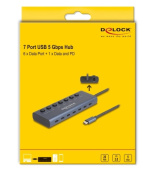 Delock USB 5 Gbps Hub se 7 porty USB Type-C™ se spínačem, z nichž 6 x datové porty a 1 x datový port s napájecím výkonem