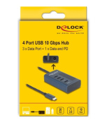 Delock USB 10 Gbps Hub se 4 porty USB Type-C™, z nichž 3 x datové porty a 1 x datový port s napájecím výkonem až 20 W