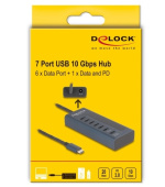 Delock USB 10 Gbps Hub se 7 porty USB Type-C™, z nichž 6 x datové porty a 1 x datový port s napájecím výkonem až 20 W