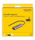 Delock Hub USB 10 Gbps se 2 porty USB Typ-A + 2 porty USB Type-C™ s konektorem USB Type-C™ a s dalším napájecím portem
