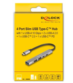 Delock 4-portový tenký Hub USB Type-C™ mající 1 x USB 10 Gbps Typ-A + 2 x USB 2.0 Typ-A + 1 x USB 2.0 USB Type-C™ a PD 9