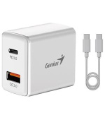 Genius PD-20ACP, Napájecí adaptér, univerzální, 20W, 1× USB-C, 1× USB, PD 3.0, QC 3.0, bílý + 1m USB-C kabel
