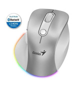 Genius Ergo 9000S Pro Myš, bezdrátová, optická, 2400DPI, 6 tlačítek, BT, 2,4GHz, USB-C nabíjení, tichá, 7barevné podsv.,stříbrná