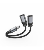 SWISSTEN NABÍJECÍ AUDIO ADAPTÉR TEXTILE USB-C (samec) / USB-C (samice) a 3,5mm AUX 0,12 M ČERNÝ