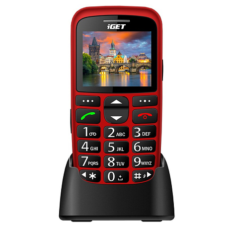 iGET SIMPLE D7 Red, seniorský, Bluetooth, FM rádio, kamera, svítilna, výdrž 15 dní,microSD, stojánek