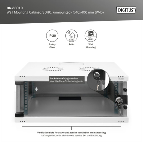 DIGITUS DN-38010 Nástěnná skříň 4U, SOHO, nemontovaná 241x540x400 mm, celoskleněné přední dveře, šedá (RAL 7035)