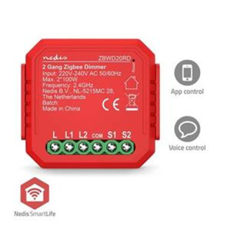 Nedis ZBWD20RD - SmartLife Spínač Zigbee 3.0 | 2x100 W | Připojení terminálu | Aplikace ke stažení pro: Android™ / IOS