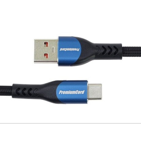 PremiumCord Super fast charging 5A kabel USB-C - USB 2.0 A  bavlněný oplet 1,5m