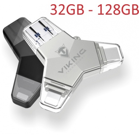 VIKING USB FLASH DISK 3.0 4v1 32GB, S KONCOVKOU APPLE LIGHTNING, USB-C, MICRO USB, USB3.0, černá