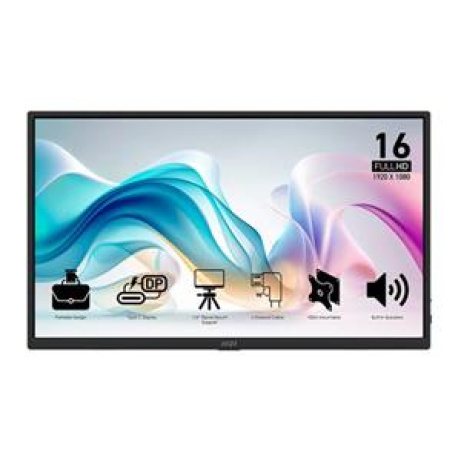 MSI přenosný ultra tenký monitor PRO MP165 E6, 15,6" IPS/1920 x 1080 FHD/60Hz/4ms/2xUSB-C/HDMI/černá