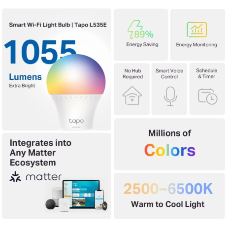 TP-Link Tapo L535E, Chytrá Wi-Fi LED žárovka barevná, 2500-6500K, E27