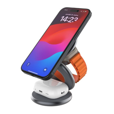 Bezdrátová skládací nabíječka 3v1 FIXED MagPowerstation Round s podporou MagSafe šedá