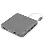 DIGITUS Univerzální dokovací stanice , USB-C, 11 portů, šedá 3x video, 1x USB-C, 3x USB3.0, RJ45, 2x čtečka karet