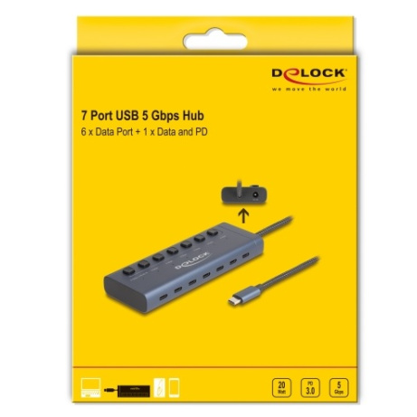 Delock USB 5 Gbps Hub se 7 porty USB Type-C™ se spínačem, z nichž 6 x datové porty a 1 x datový port s napájecím výkonem
