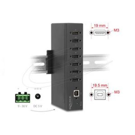 Delock Průmyslový rozbočovač ze 7 x USB 2.0 Typ-A s ochranou proti elektrostatickému výboji (ESD) až 15 kV ,DIN