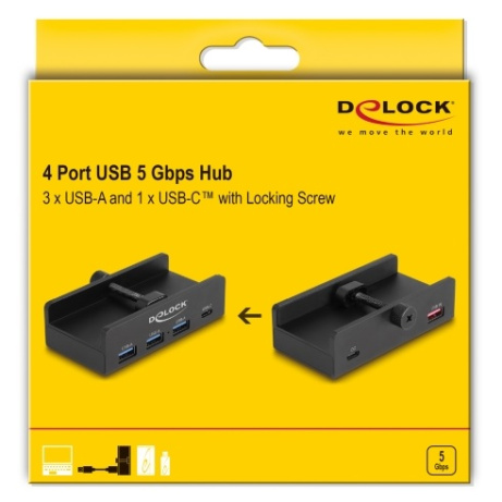 Delock Externí 4 portový rozbočovač USB 5 Gbps, 3 x USB Typ-A a 1 x USB Type-C™, s pojistným šroubem
