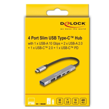 Delock 4-portový tenký Hub USB Type-C™ mající 1 x USB 10 Gbps Typ-A + 2 x USB 2.0 Typ-A + 1 x USB 2.0 USB Type-C™ a PD 9