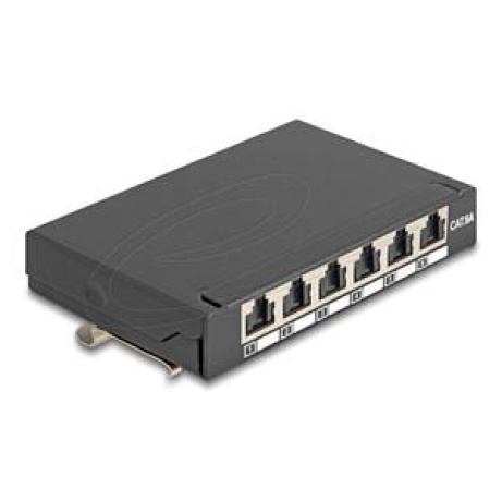 Delock Mini Desktop Patch Panel RJ45 jack 6 porty Cat.6A stíněný černý - pro montáž na stůl, zeď nebo DIN lištu