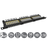 19" patch panel Solarix 24xRJ45 CAT6 UTP s vyvazovací lištou černý 0,5U SX24HD-6-UTP-BK