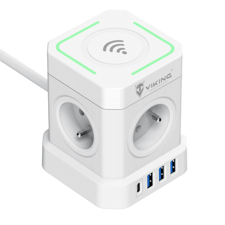 Síťový adaptér Viking ACT44W/Output:4xAC,3xUSB-A,1xUSB-C/wireless nabíjení/tlačítko ON/OFF/2m kabel
