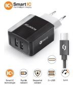 Síť. nab. ALIGATOR 3.4A, 2xUSB,černá, USB-C kabel