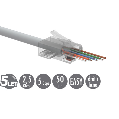 Univerzální EASY konektor RJ45 CAT5E UTP 8p8c na drát i licnu SXRJ45-5E-UTP-EASY 100ks