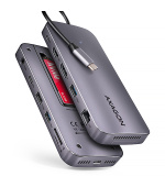 AXAGON HMC-12GM2, USB 10Gbps hub, 3x USB-A, USB-C,  HDMI, DP, RJ-45 GLAN, M.2, SD/mSD, audio, PD