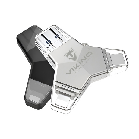 VIKING USB FLASH DISK 3.0 4v1 64GB, S KONCOVKOU APPLE LIGHTNING, USB-C, MICRO USB, USB3.0, stříbrná