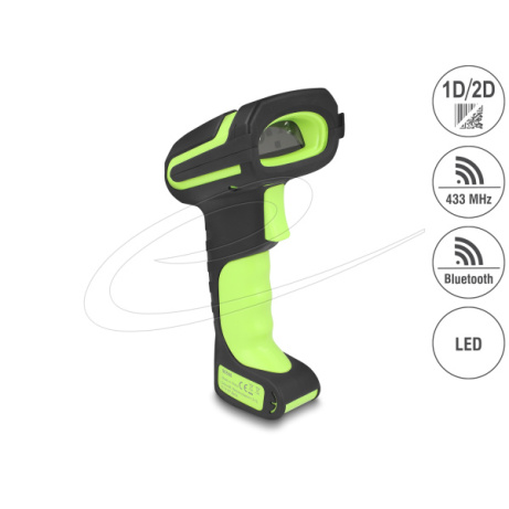 Delock Průmyslová čtečka čárových kódů 1D a 2D pro 433 MHz nebo Bluetooth s indukční nabíjecí stanicí, čtení až do 6,5 m