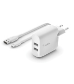 Belkin BOOST CHARGE™ Duální 24W USB-A nástěnná nabíječka + 1m USB-C kabel, bílá