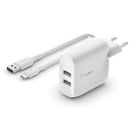 Belkin BOOST CHARGE™ Duální 24W USB-A nástěnná nabíječka + 1m USB-C kabel, bílá