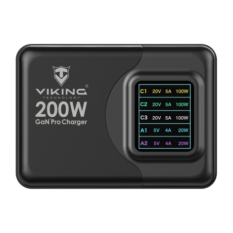 Viking USB GaN charger 200W PD PRO/síťový adaptér/Output:3xUSB-C,2xUSB-A/Rychlo nabíjení/
