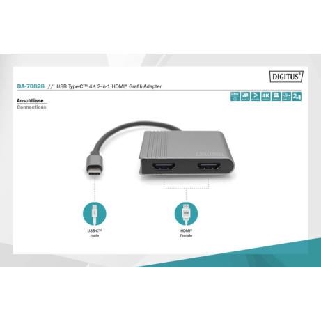 DIGITUS Adaptér USB-C - 2x HDMI, 18 cm 4K/30Hz, stříbrný, hliníkový kryt
