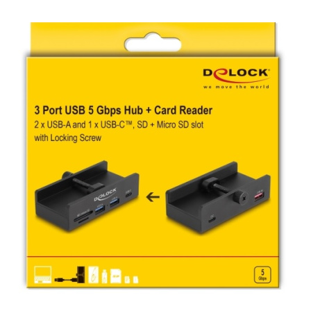 Delock Externí rozbočovač USB 5 Gbps se 2 x USB Typ-A a 1 x USB Type-C™ a slotem SD + Micro SD, s pojistným šroubem