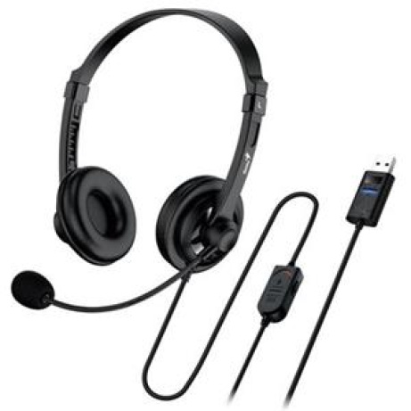 Genius headset - HS-230U, náhlavní, drátový, s mikrofonem, ovládání hlasitosti, délka kabelu 2,4m, USB, černý