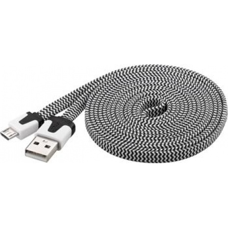 PremiumCord Kabel micro USB 2.0, A-B 2m, plochý textilní kabel, černo-bílý