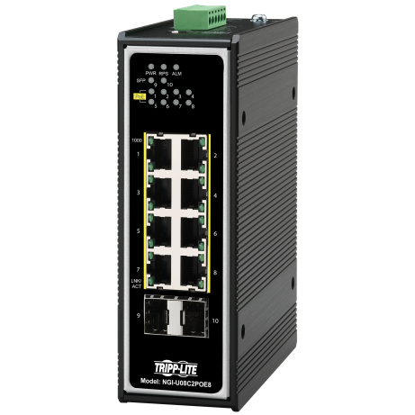 Přepínač 8x zdroj Unmanaged Ethernet Switch, 10/100/1000Mb/s, 2GbE SFP, PoE+ 30W, -40°?+75°C, DIN